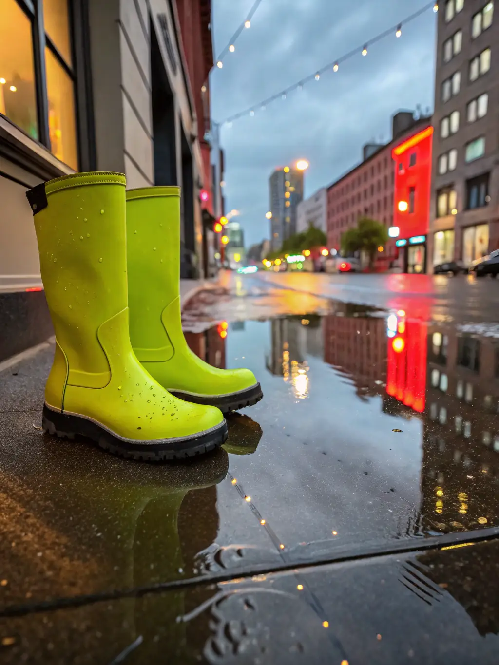 A pair of versatile rain boots suitable for urban and outdoor use, displayed on a wet city street with colorful buildings reflected in puddles.