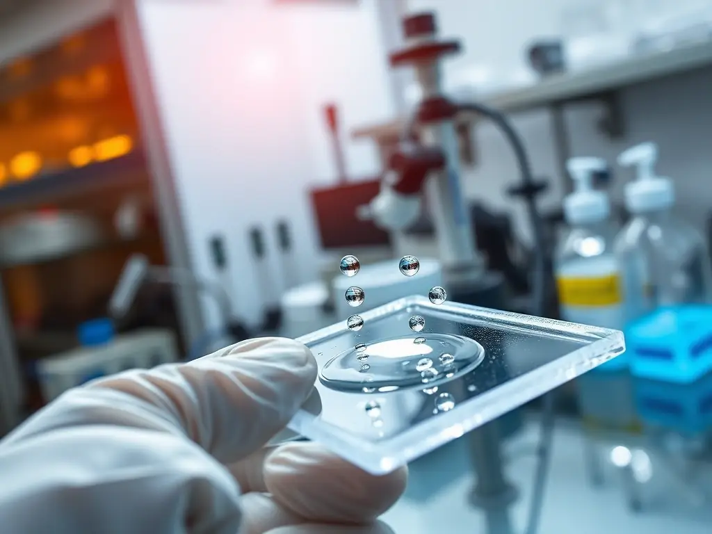 A close-up shot of a waterproof membrane being tested in a lab, showcasing its ability to repel water while remaining breathable. The setting is a modern laboratory with scientific equipment in the background.