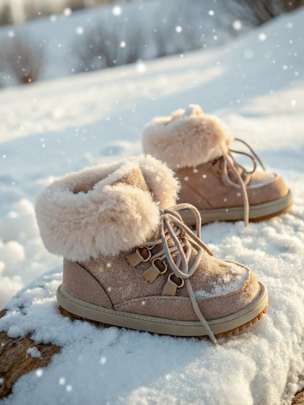 A close-up shot of a pair of insulated winter boots designed for extreme cold, placed on a snow-covered surface with a blurred background of a snowy forest.