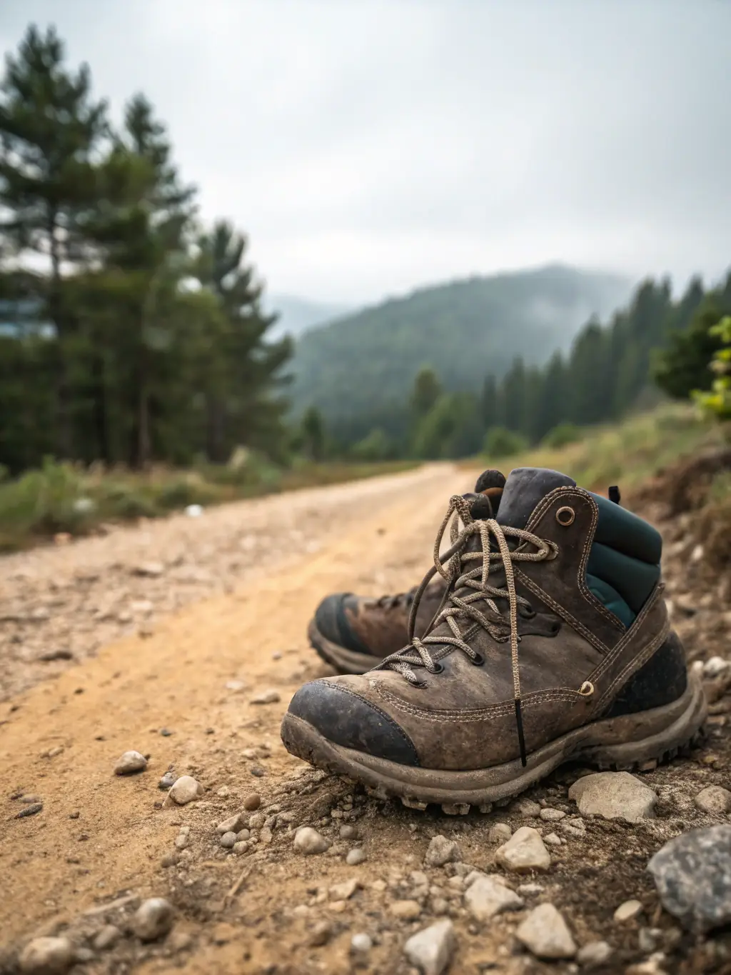 A pair of lightweight trail running shoes with a waterproof membrane, shown on a muddy trail with autumn leaves scattered around.