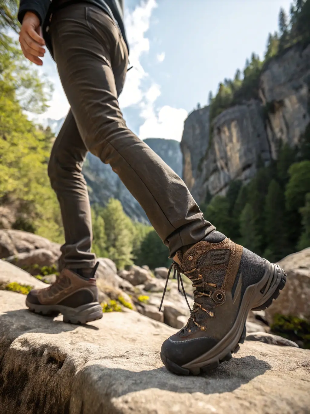 A pair of waterproof hiking boots with excellent ankle support, shown on a rocky mountain trail with a scenic view of a lake and mountains in the background.