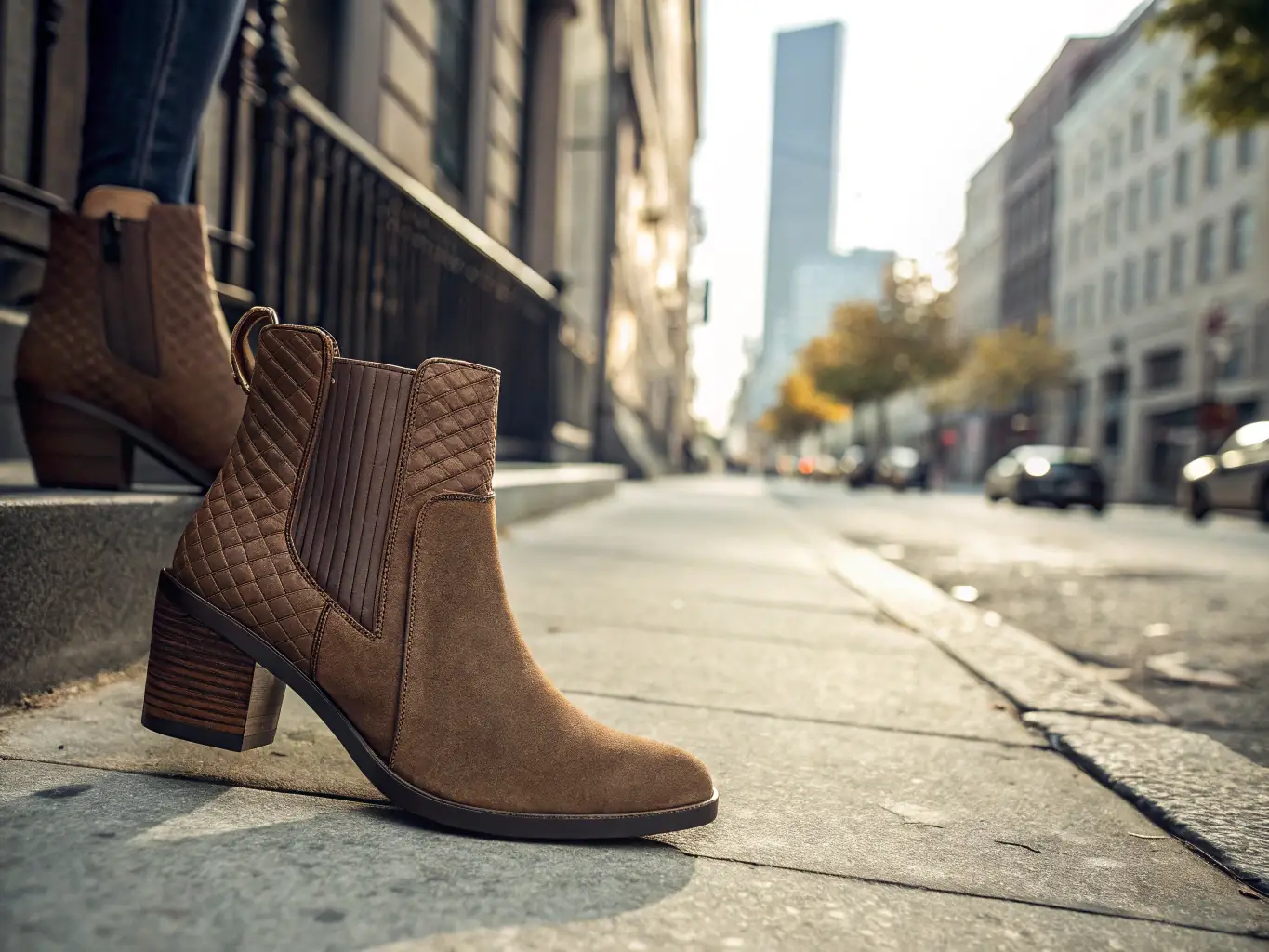 A stylish pair of weatherproof boots with a sleek design, showcased in an urban setting with rain puddles reflecting city lights. The boots are clean and modern, highlighting their versatility.