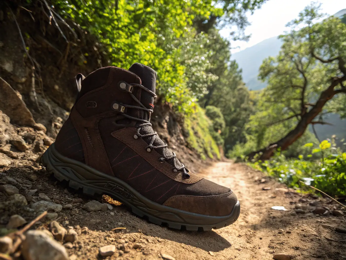 A rugged hiking boot made with durable leather and reinforced stitching, placed on a rocky terrain in the Canadian Rockies. The backdrop features snow-capped mountains and a clear blue sky.